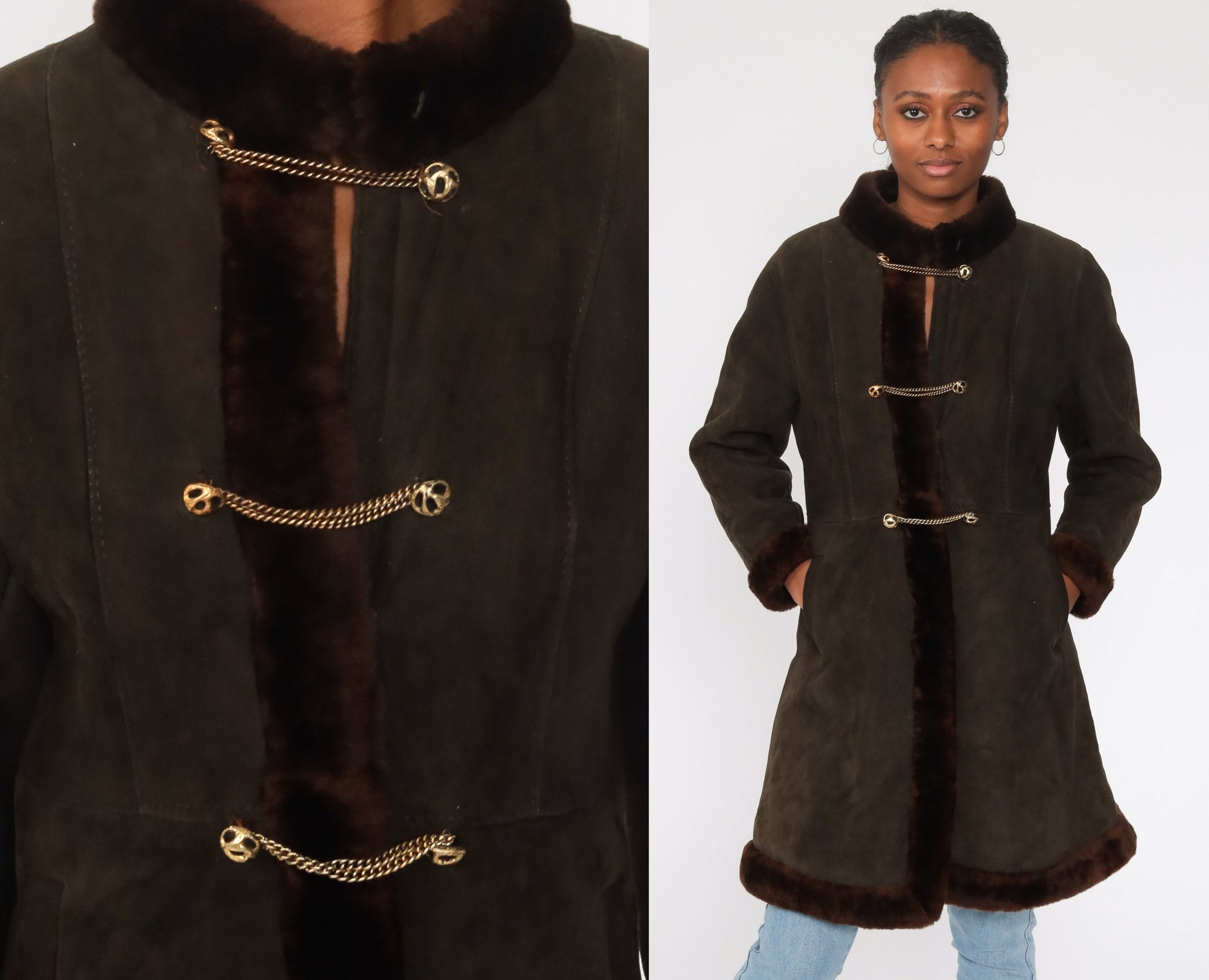 80s Brown Suede Coat Fur Lined Long Jacket Small