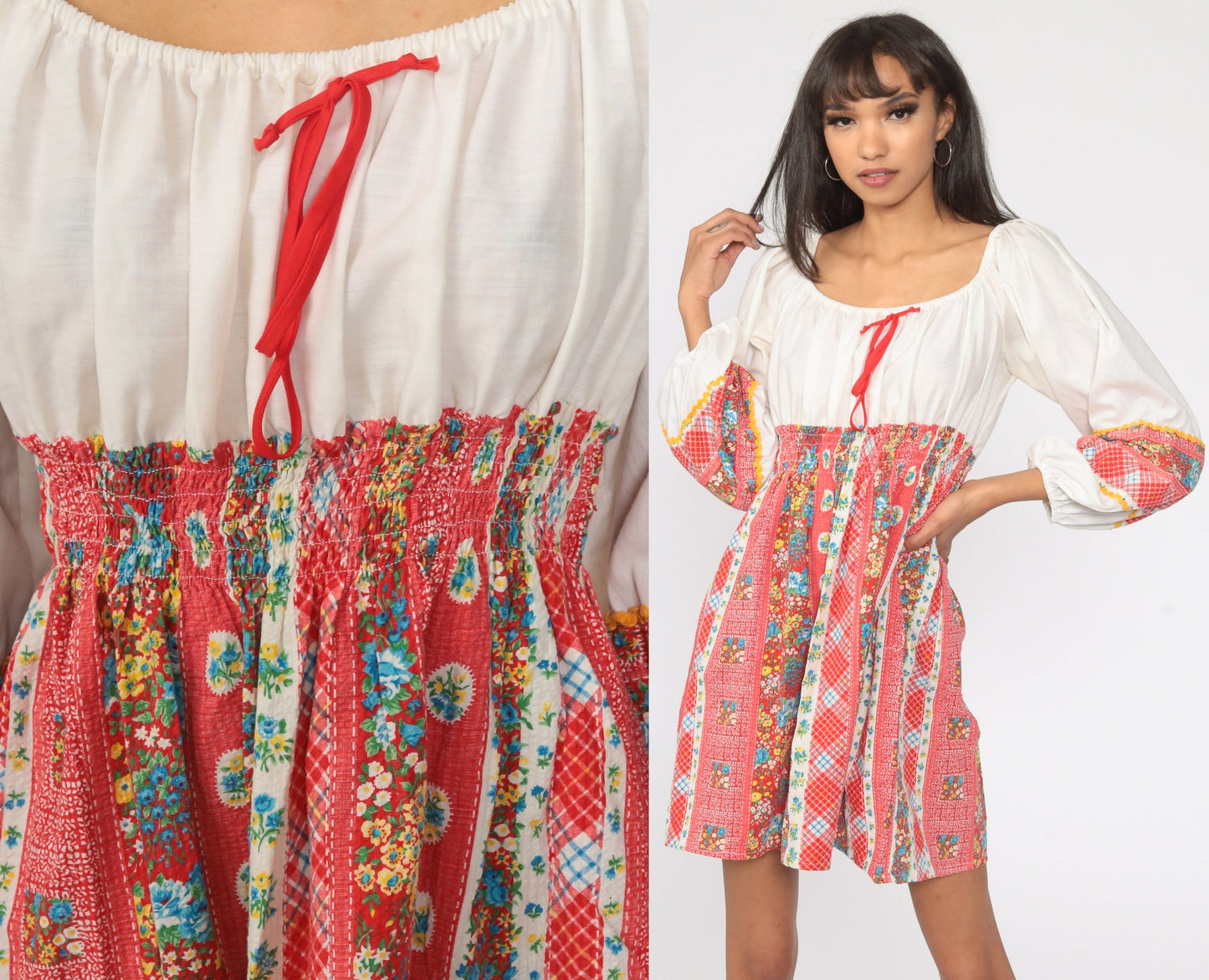 70s Floral Babydoll Mini Dress Red White Smocked Empire Waist Small