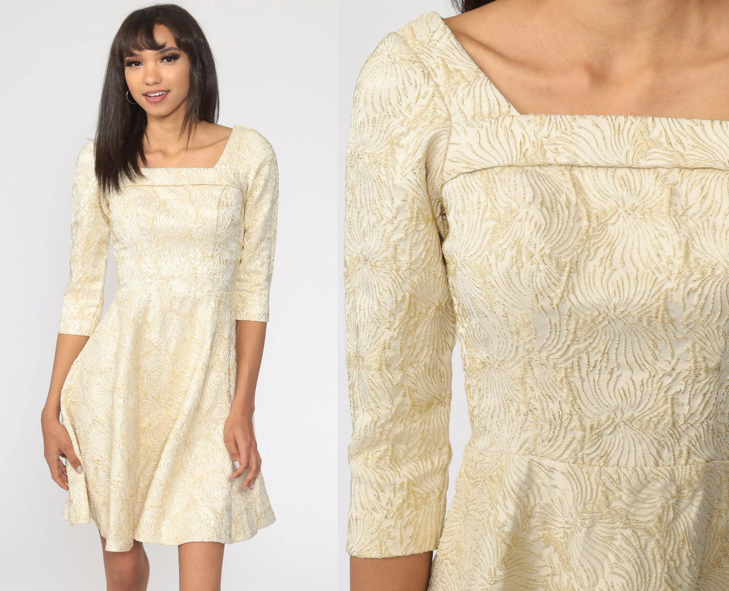 1960s Gold Brocade Mini Dress Fit and Flare Cocktail Party Extra Small XS