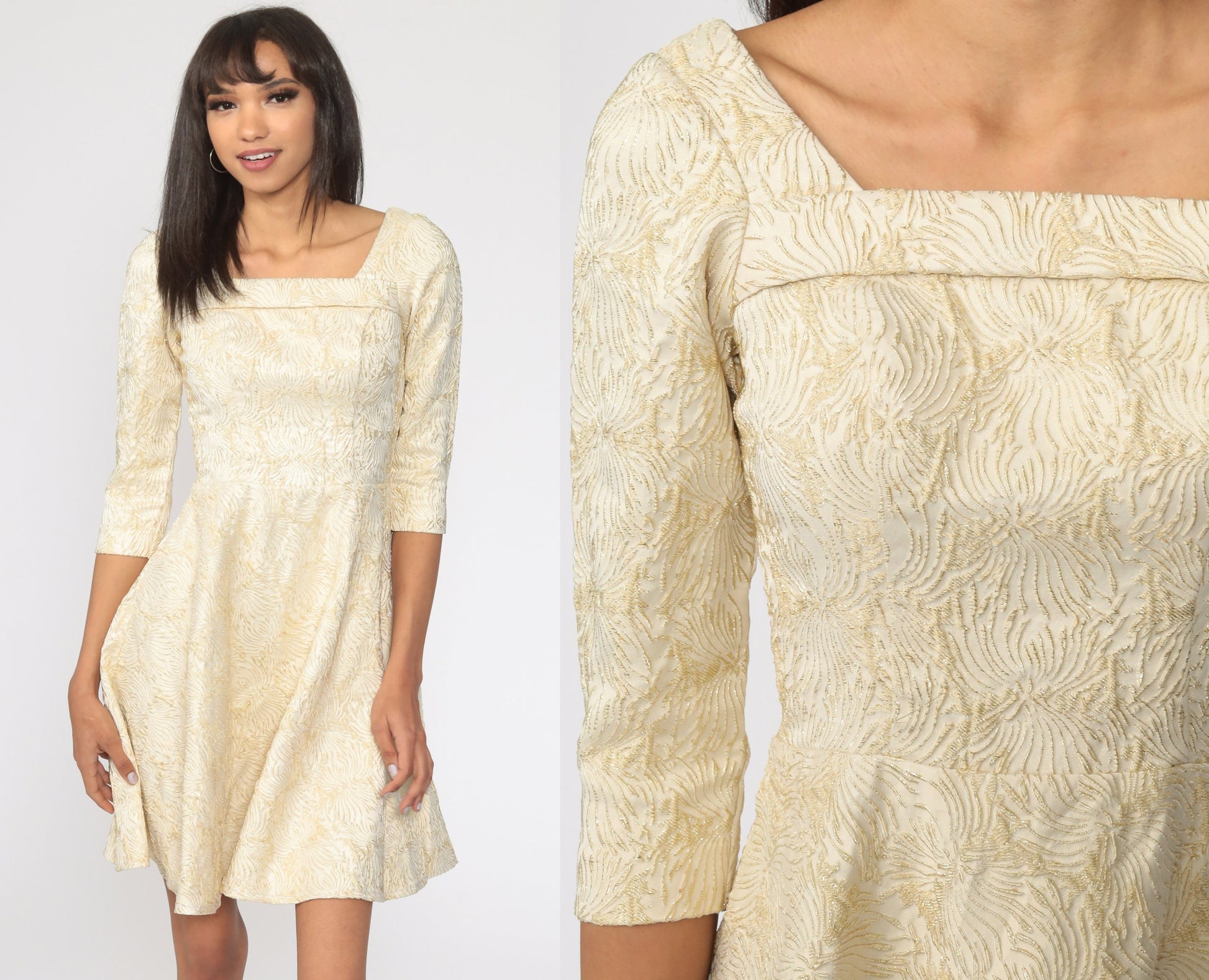 1960s Gold Brocade Mini Dress Fit and Flare Cocktail Party Extra Small XS