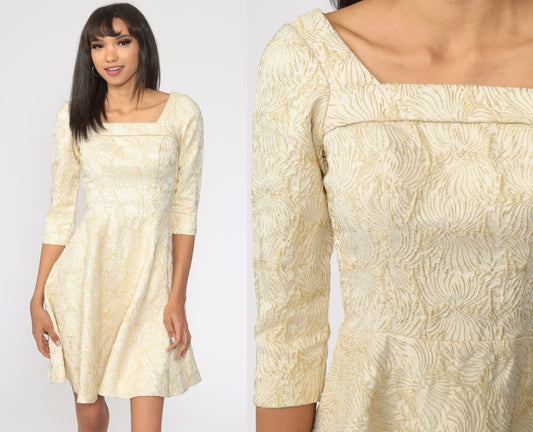 1960s Gold Brocade Mini Dress Fit and Flare Cocktail Party Extra Small XS