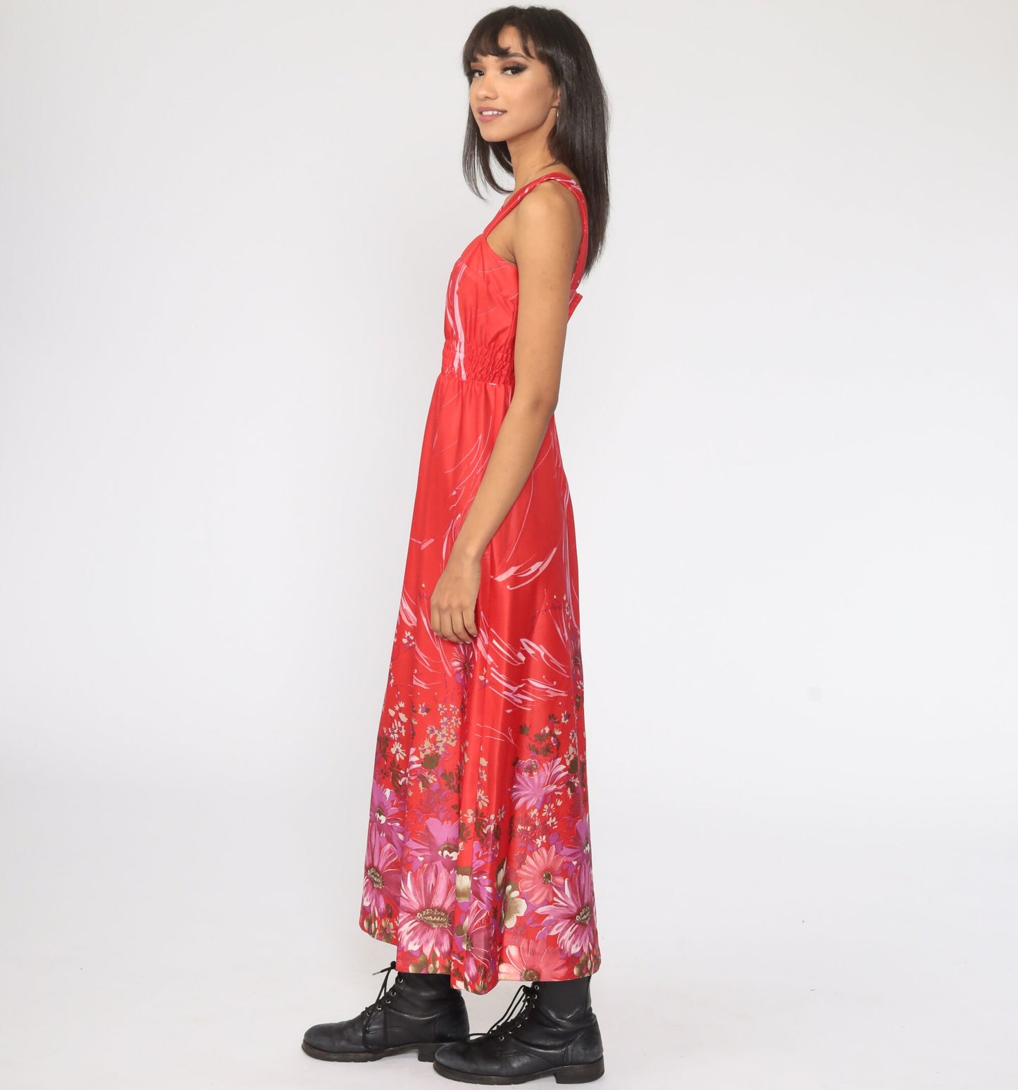 70s Floral Maxi Sundress Smocked Waist Spaghetti Strap Red Extra Small