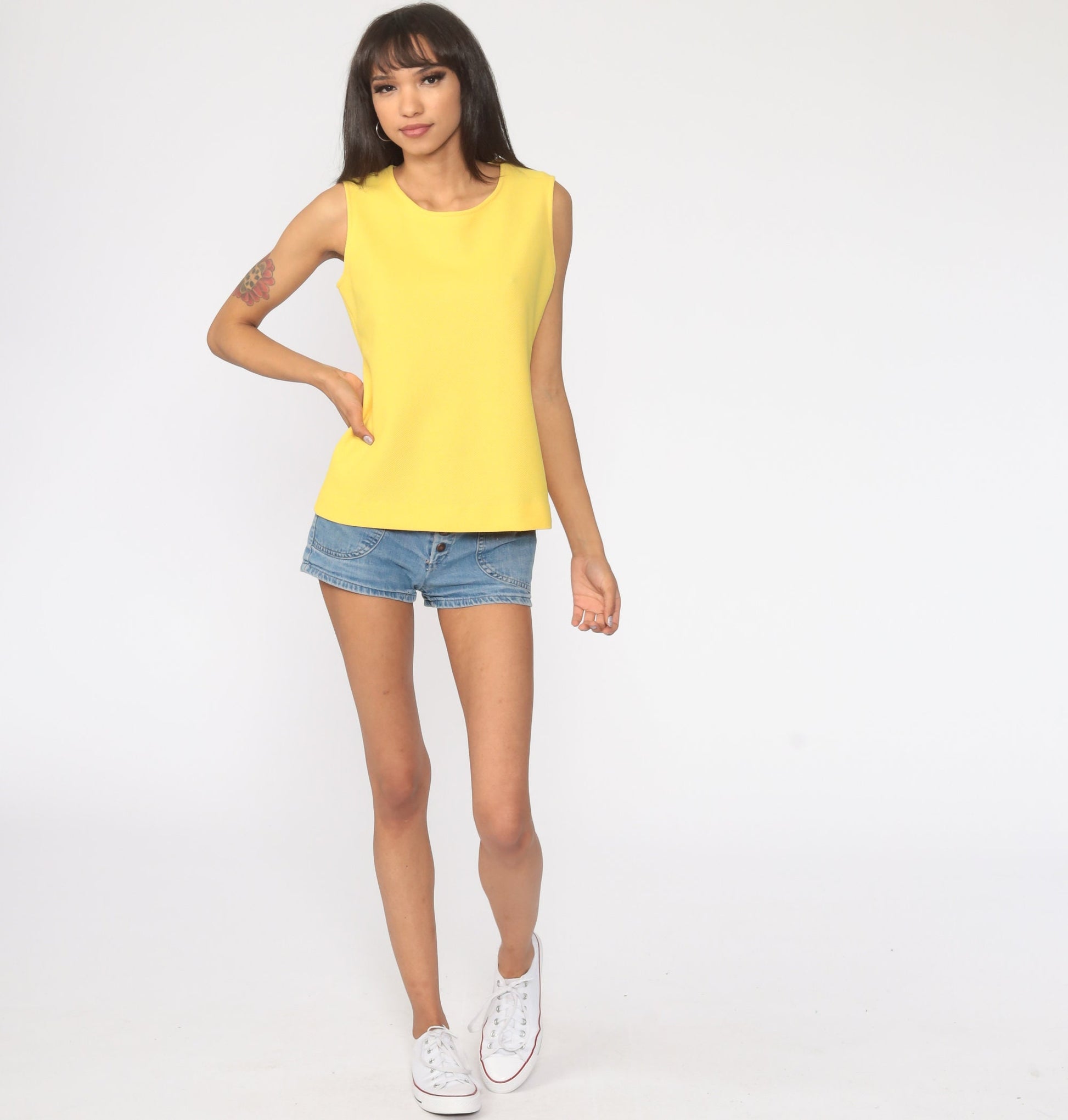 70s Yellow Sleeveless Tank Top Round Neckline Rear Zipper Small