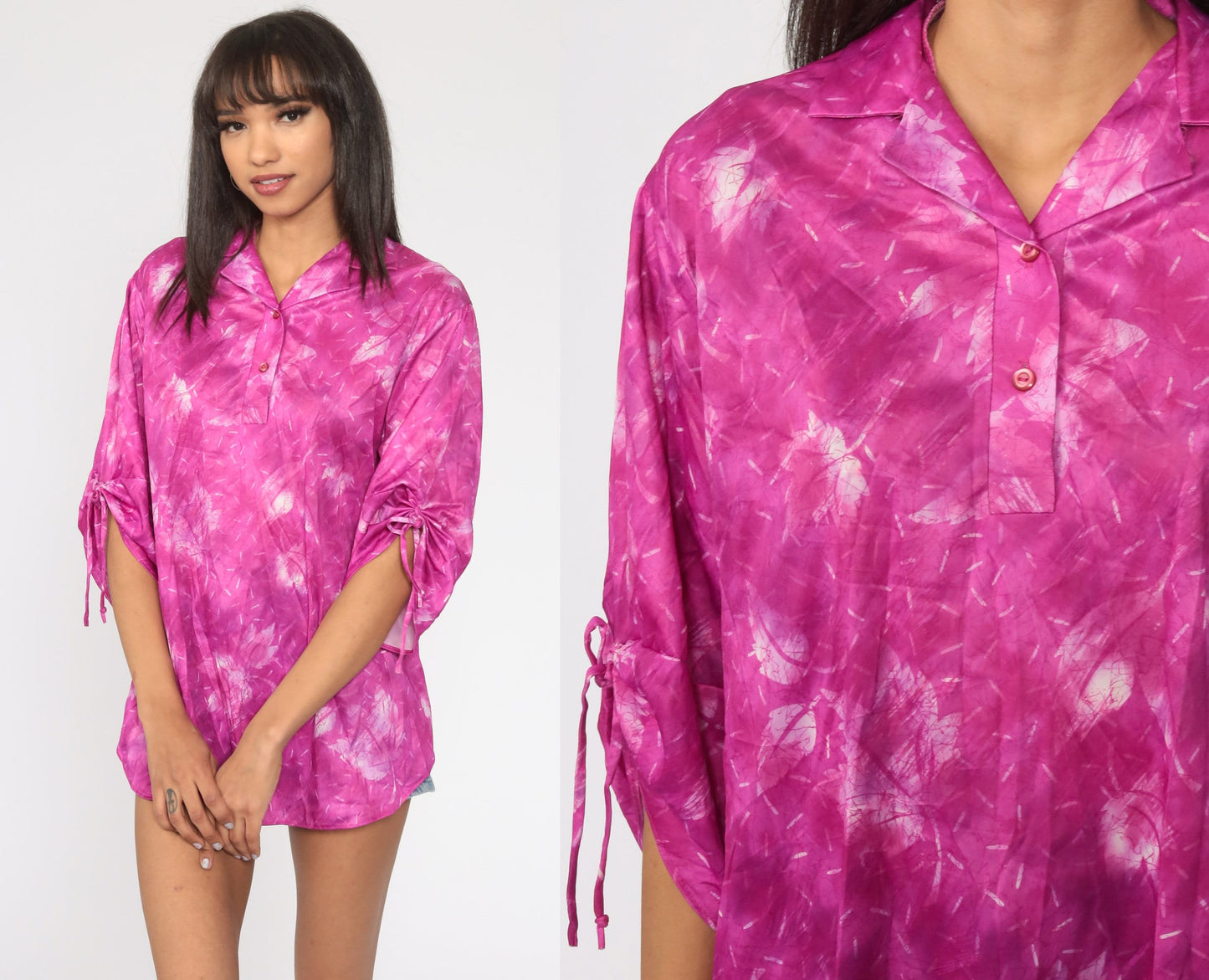 80s Purple Leaf Print Button-Up Blouse Short Sleeve Shirt Large