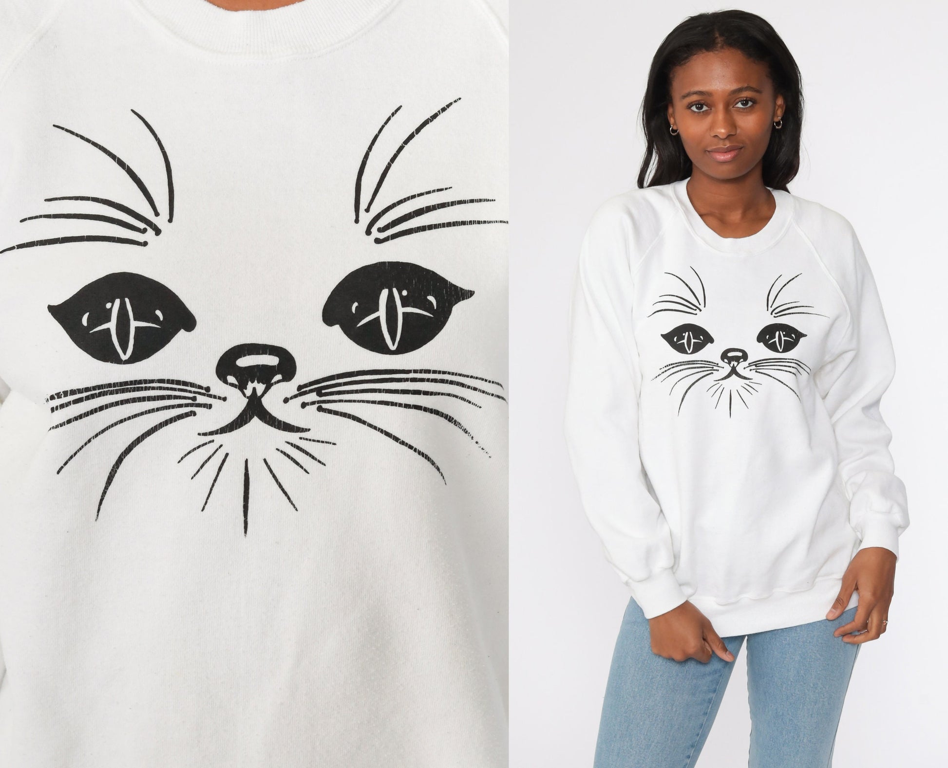 80s Jerzees Cat Face Raglan Sweatshirt White Graphic Crewneck Medium