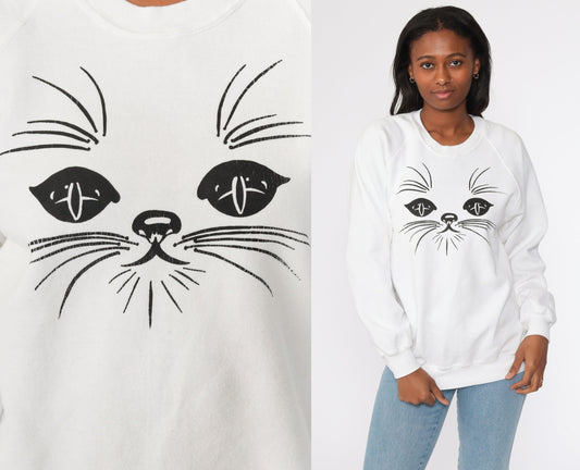 80s Jerzees Cat Face Raglan Sweatshirt White Graphic Crewneck Medium