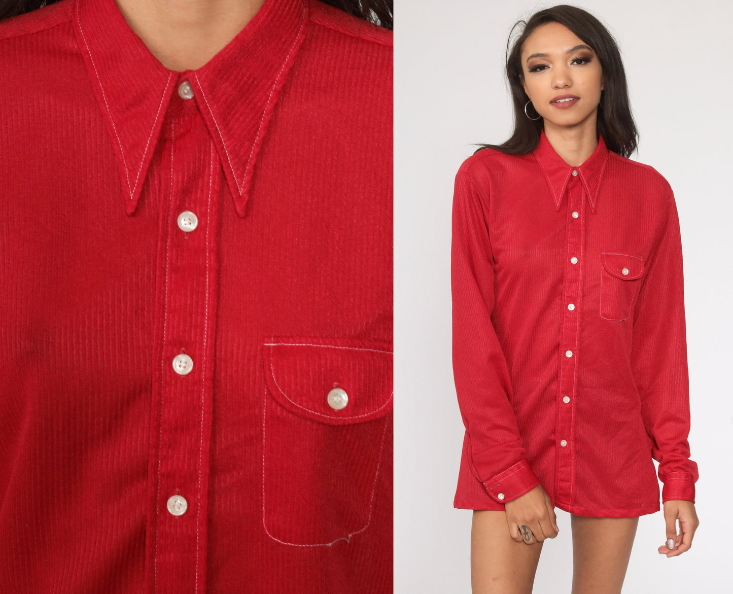 70s Red Dagger Collar Button-Up Shirt Topstitched Long Sleeve Medium Large