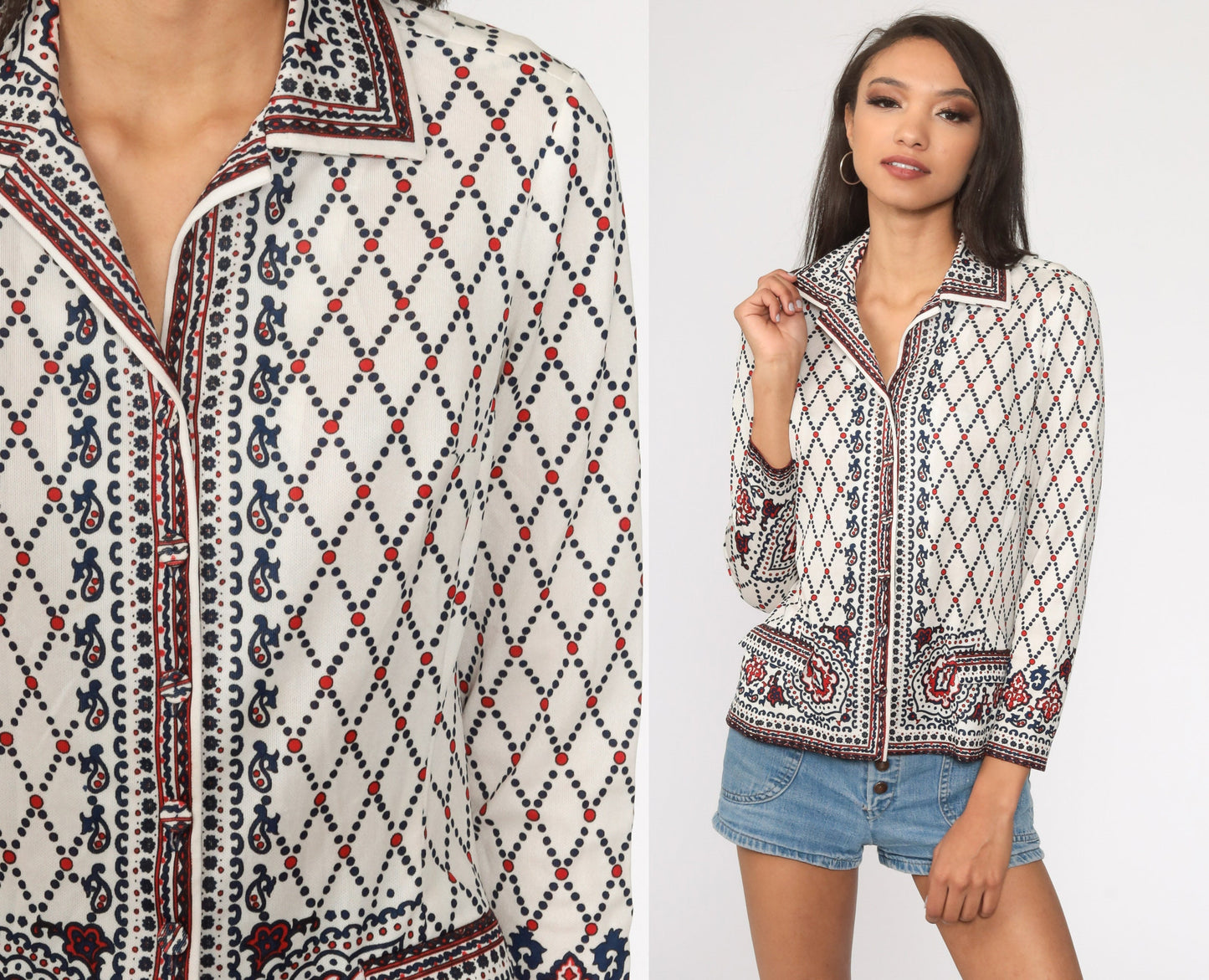 70s Floral Paisley Print Button-Up Blouse White Long Sleeve Small