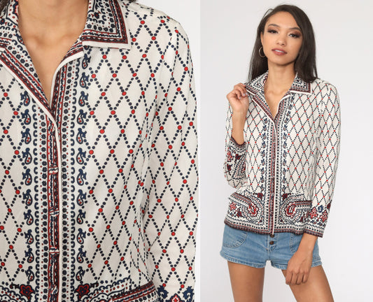 70s Floral Paisley Print Button-Up Blouse White Long Sleeve Small