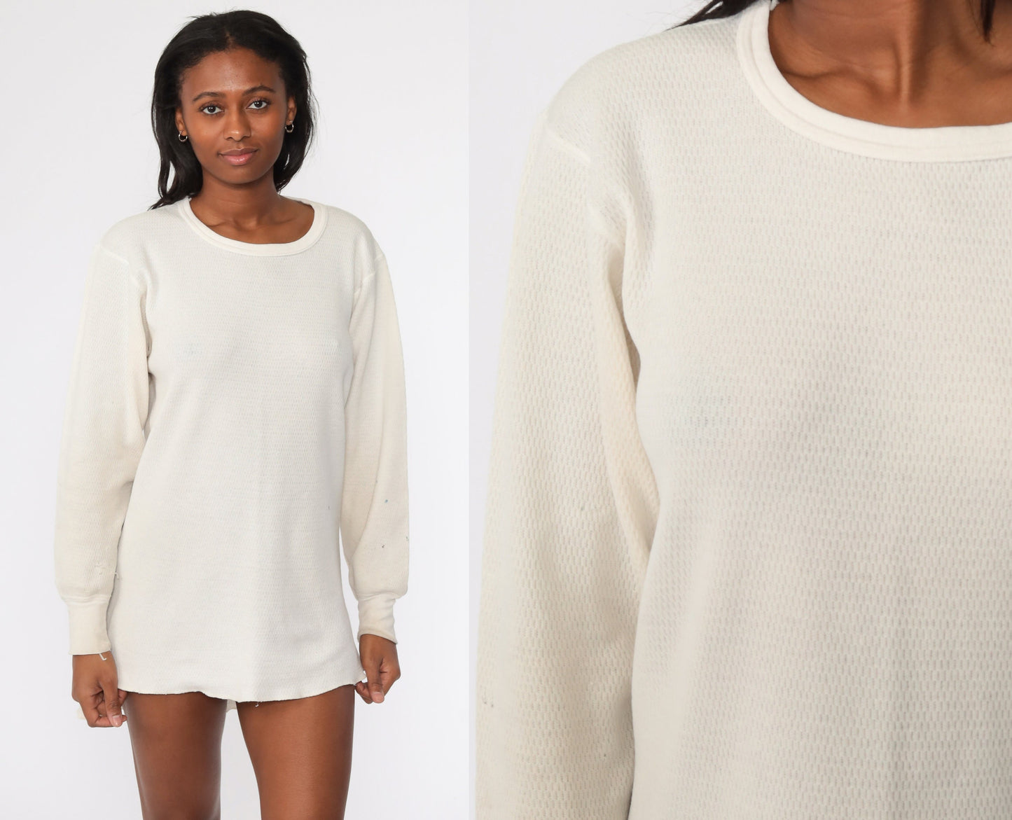 80s Hanes Waffle Knit Thermal Long Sleeve Shirt Off-White XXL