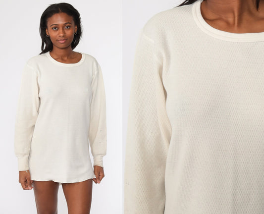 80s Hanes Waffle Knit Thermal Long Sleeve Shirt Off-White XXL