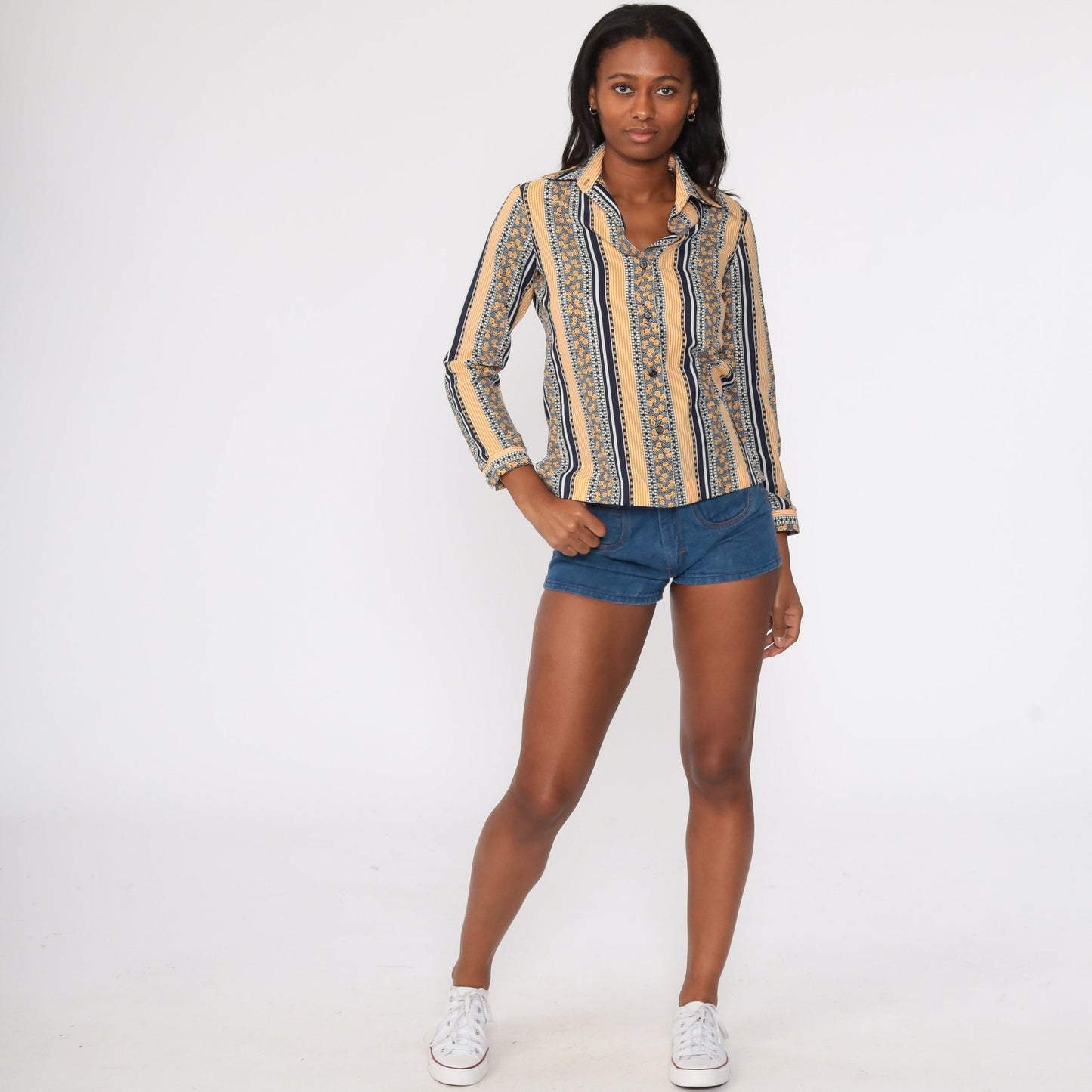 70s Floral Striped Shirt Dagger Collar Yellow Button Up Blouse Small