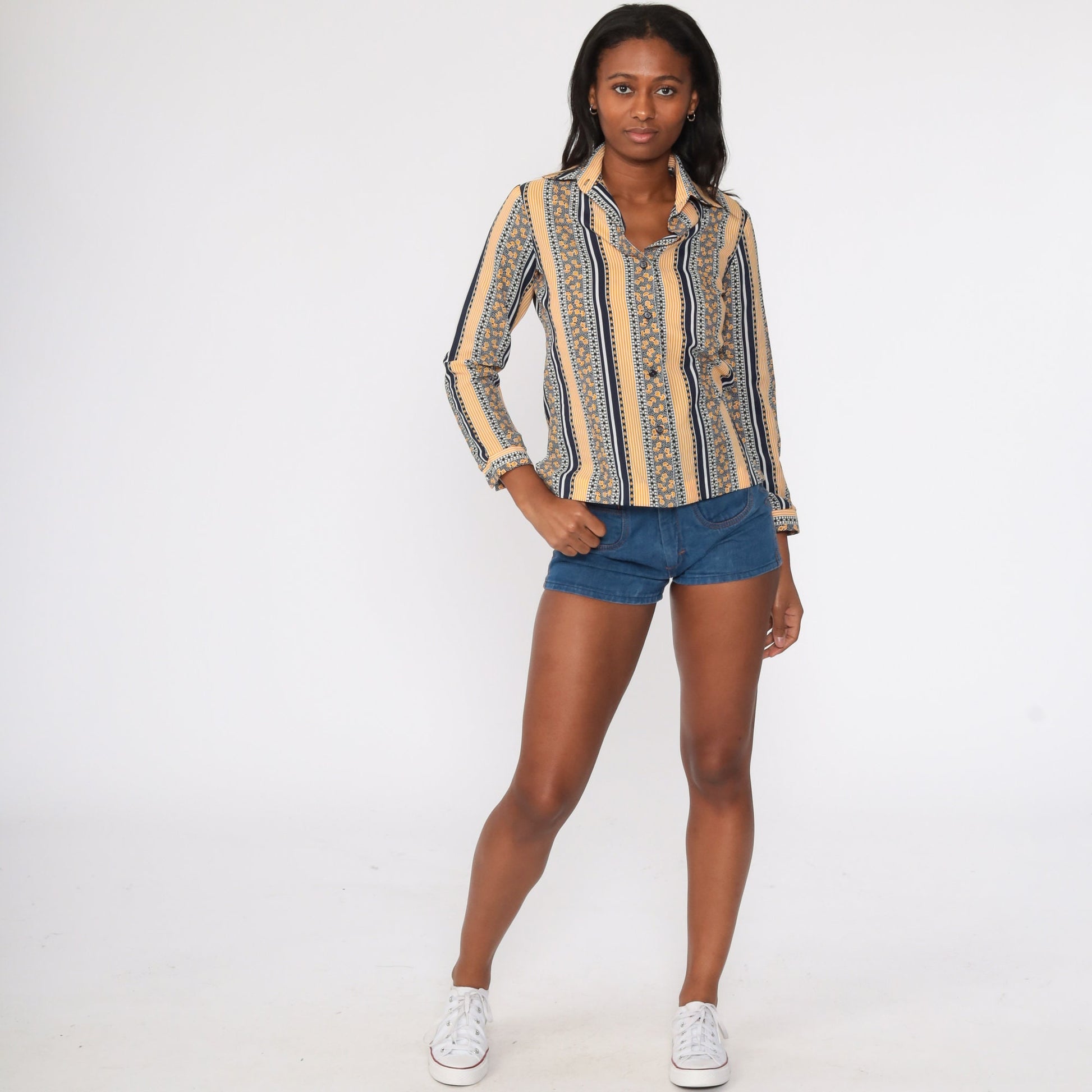 70s Floral Striped Shirt Dagger Collar Yellow Button Up Blouse Small