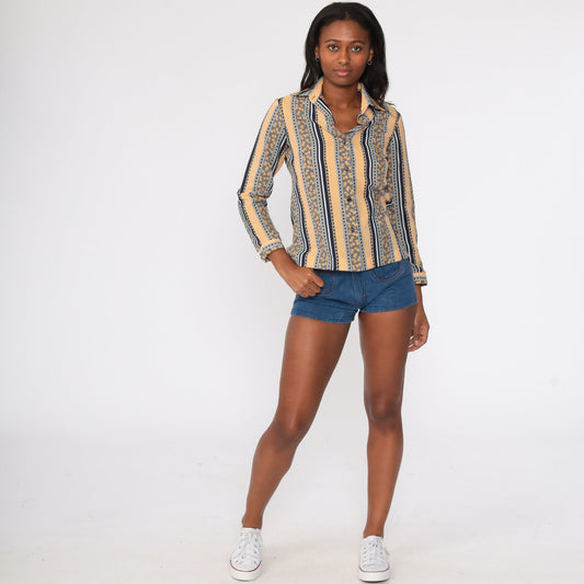 70s Floral Striped Shirt Dagger Collar Yellow Button Up Blouse Small