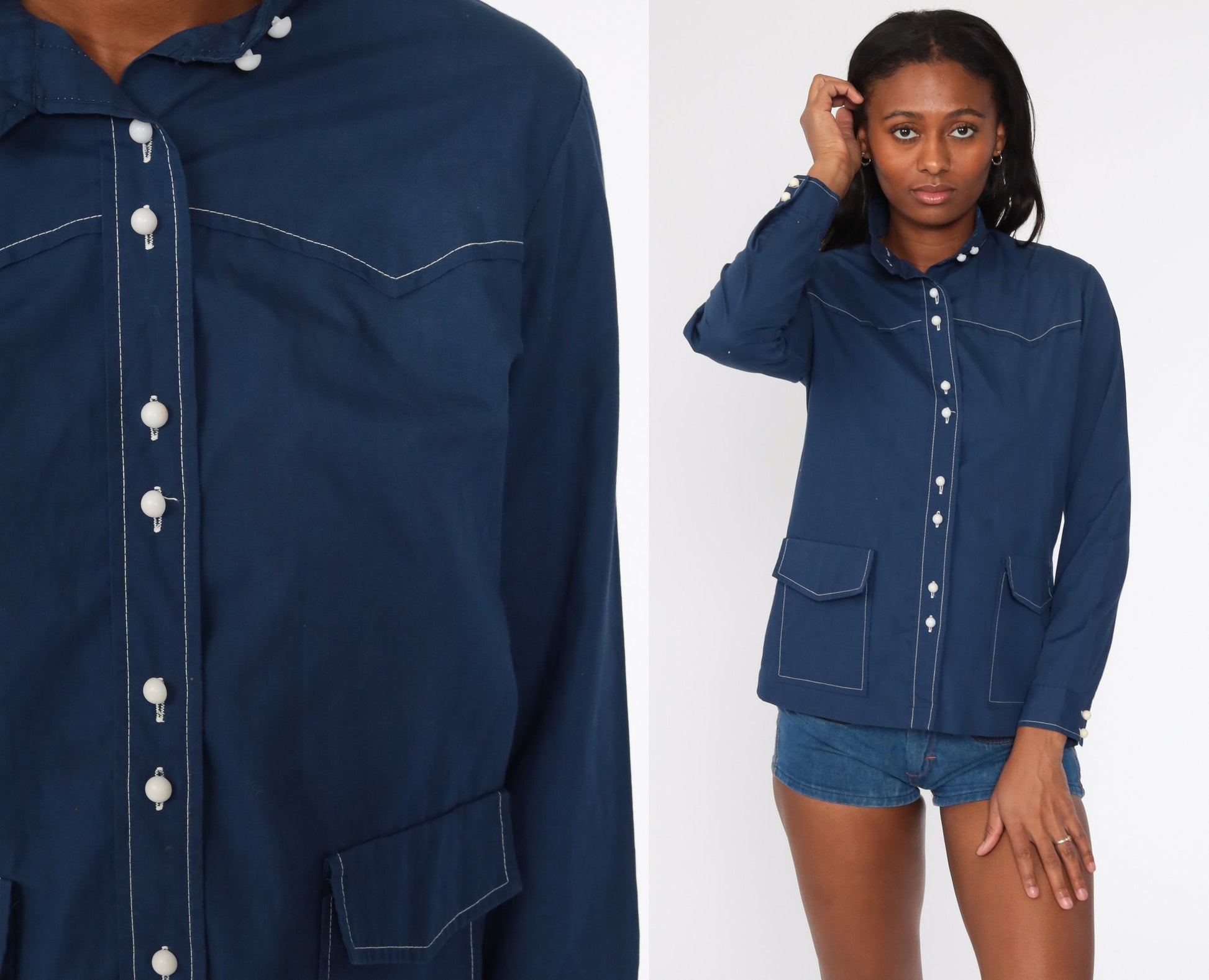 70s Navy Blue Button-Up Shirt Topstitched Oxford Long Sleeve Medium