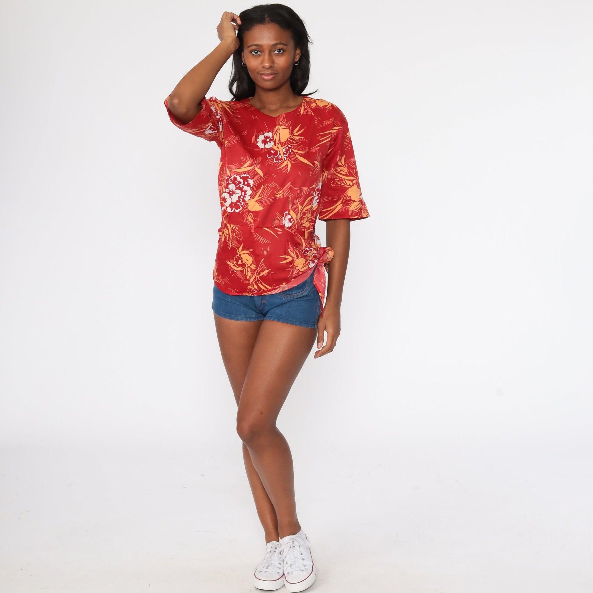 70s Hawaiian Floral Tunic Top Red Print Tie Waist Shirt Small