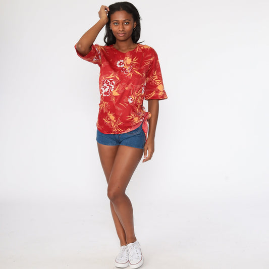 70s Hawaiian Floral Tunic Top Red Print Tie Waist Shirt Small
