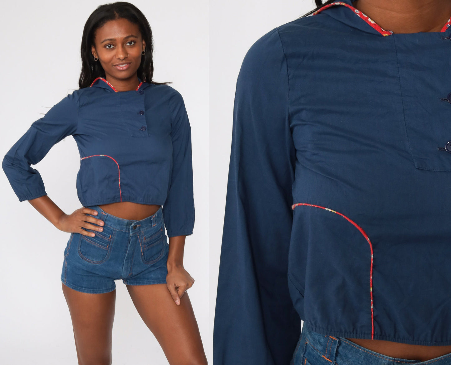 70s Navy Hooded Crop Top Floral Trim Long Sleeve Extra Small XS