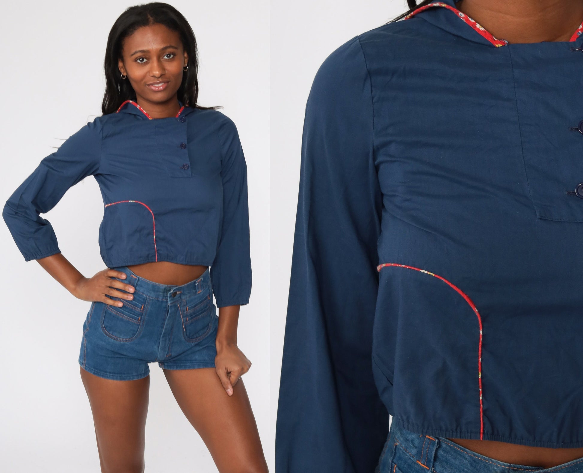 70s Navy Hooded Crop Top Floral Trim Long Sleeve Extra Small XS