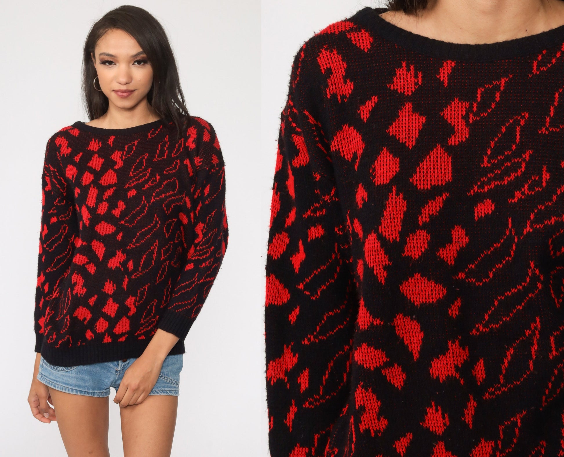 80s Black Knit Sweater with Red Leaf Abstract Design Medium