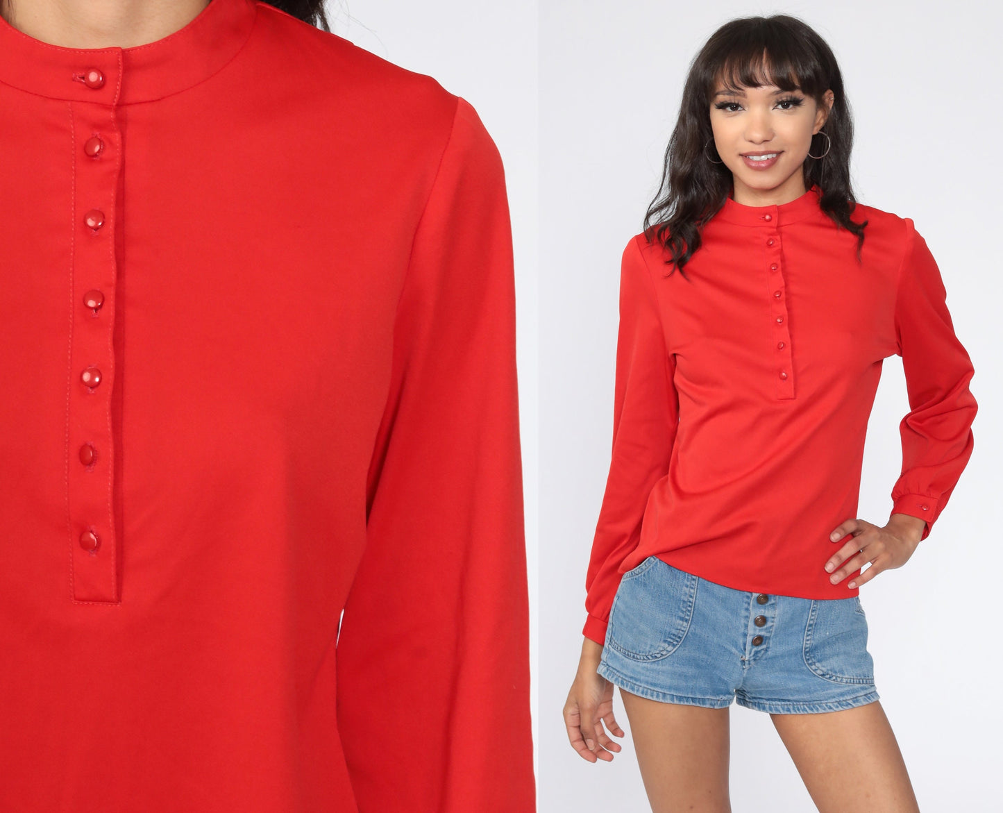 70s Red Half-Button Polyester Blouse Collarless Long Sleeve Medium