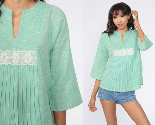 70s Mint Green Cotton Gauze Tunic Bell Sleeve Lace Trim Blouse Small