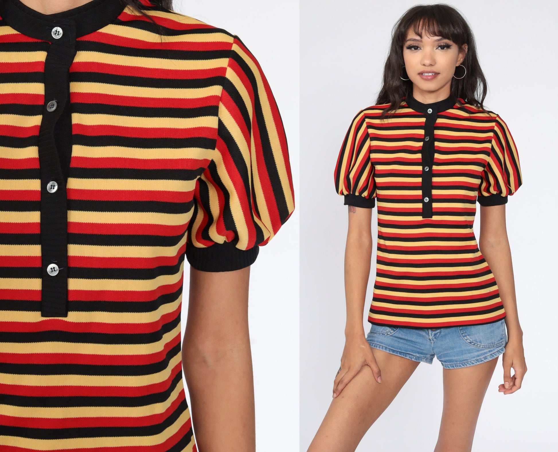 70s Red Yellow Striped Puff Sleeve Button-Up Blouse Small