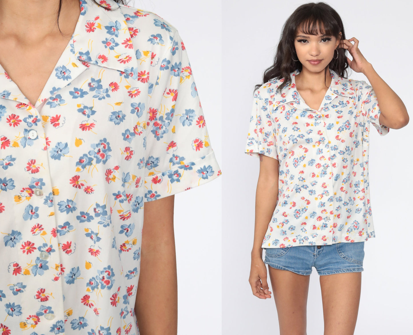 70s White Floral Button-Up Blouse Short Sleeve Collared Shirt Extra Large