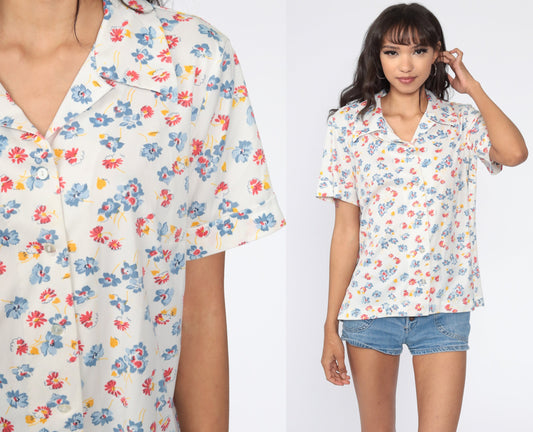 70s White Floral Button-Up Blouse Short Sleeve Collared Shirt Extra Large