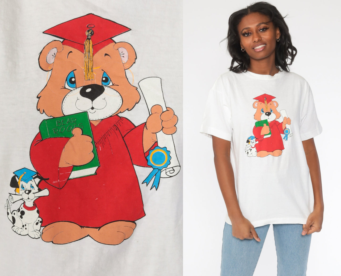 80s Teddy Bear Graduation T-Shirt Cotton Single Stitch White Medium