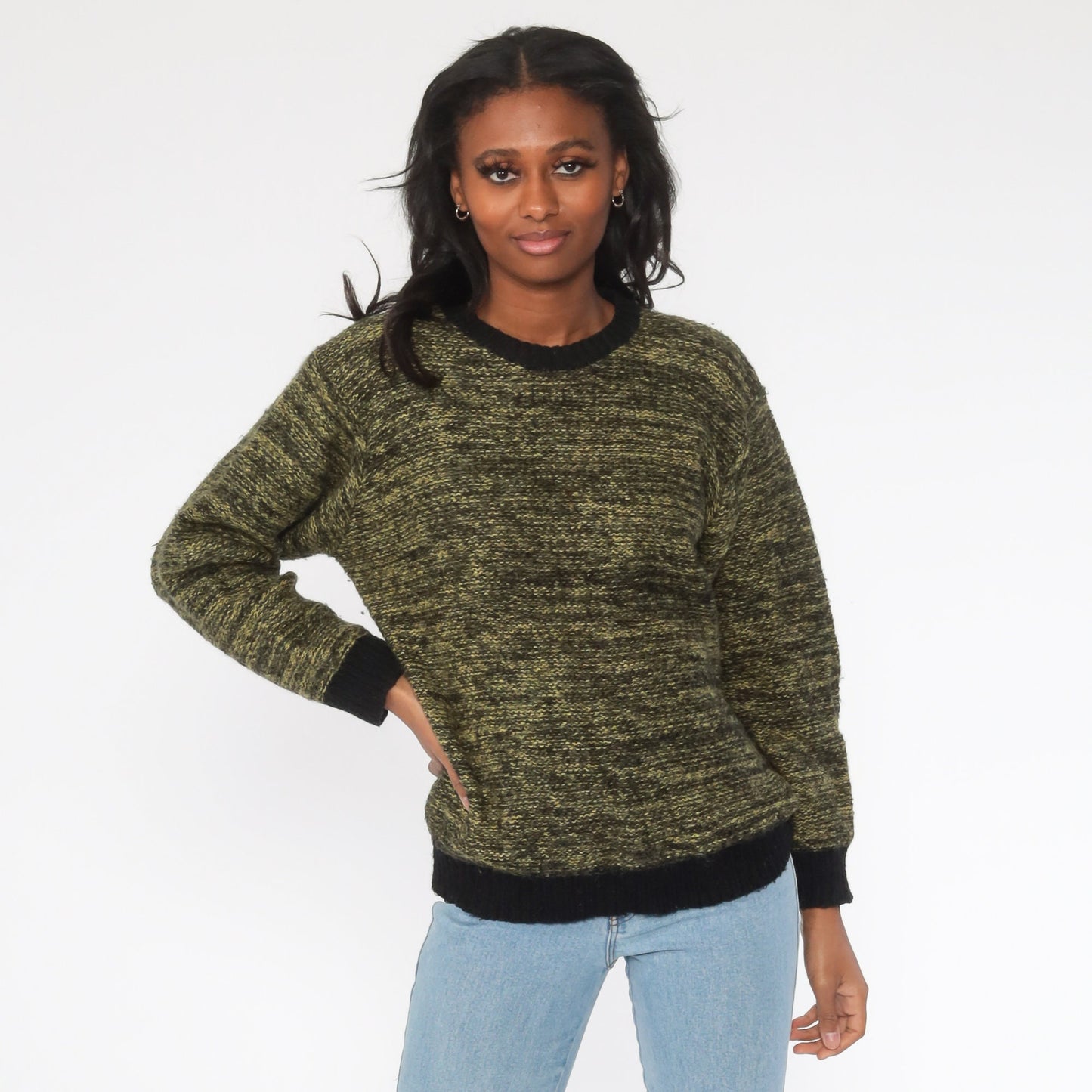 80s Space Dye Wool Blend Sweater Yellow-Green Crewneck Pullover Medium