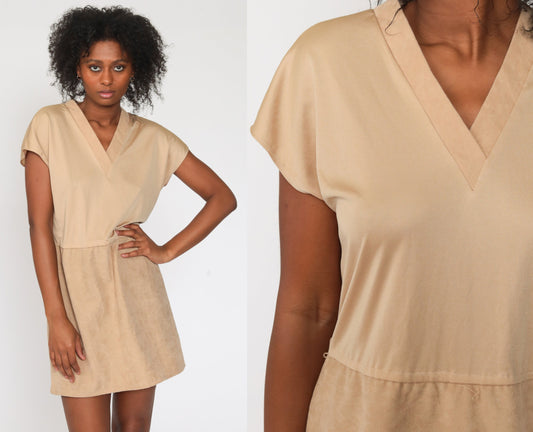 70s Tan Mini Dress V Neck Cap Sleeve High Waist Medium