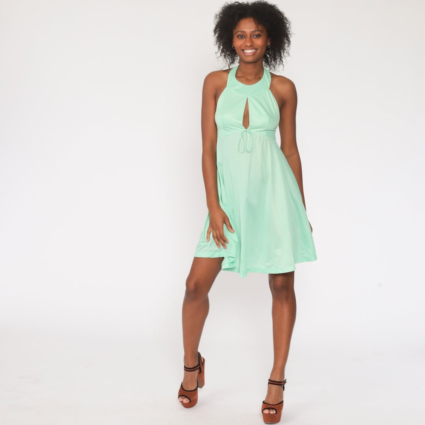 70s Green Halter Mini Dress Keyhole Chest Empire Waist Open Back Extra Small