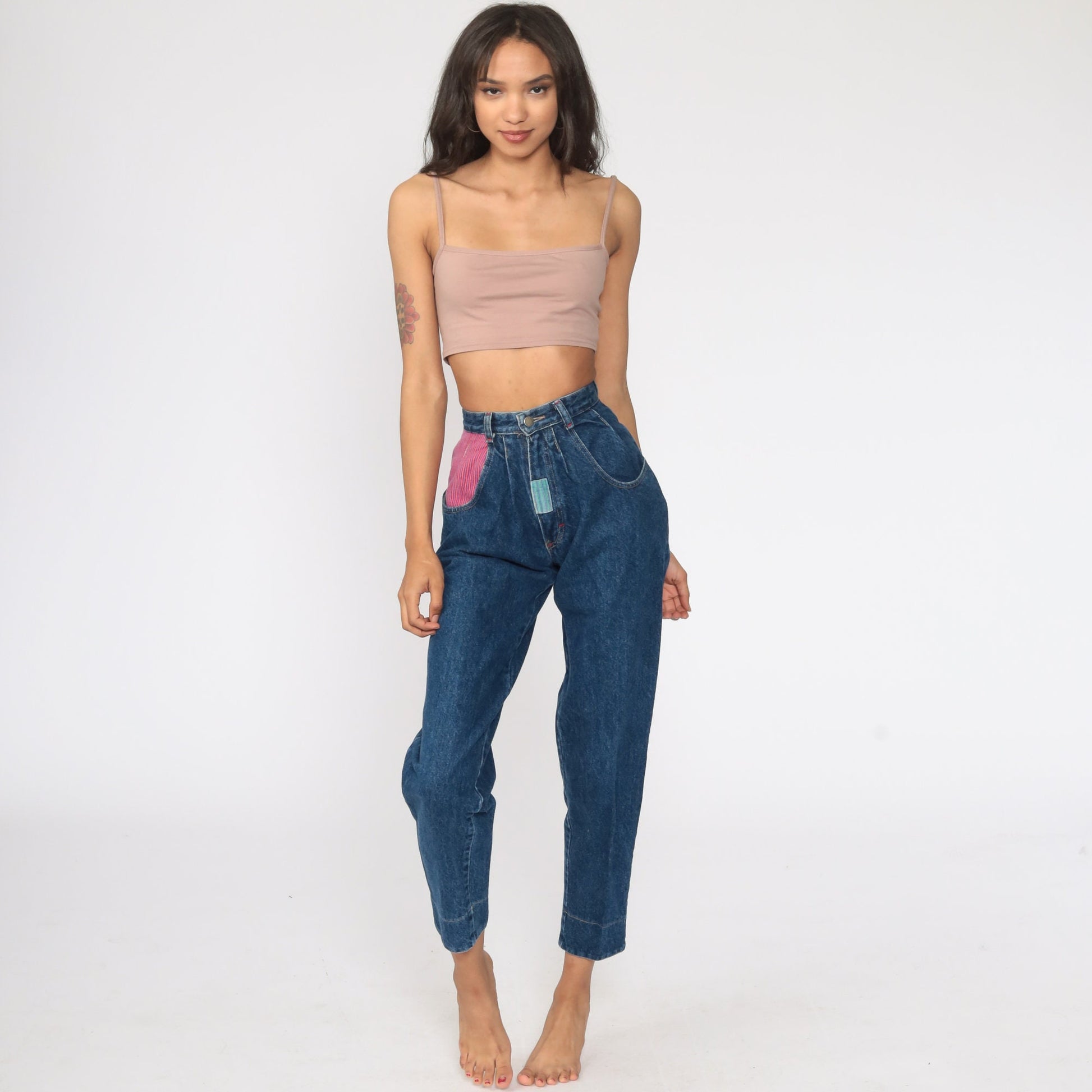 90s High Waisted Pleated Mom Jeans Blue Stone Wash Plaid Trim XXS