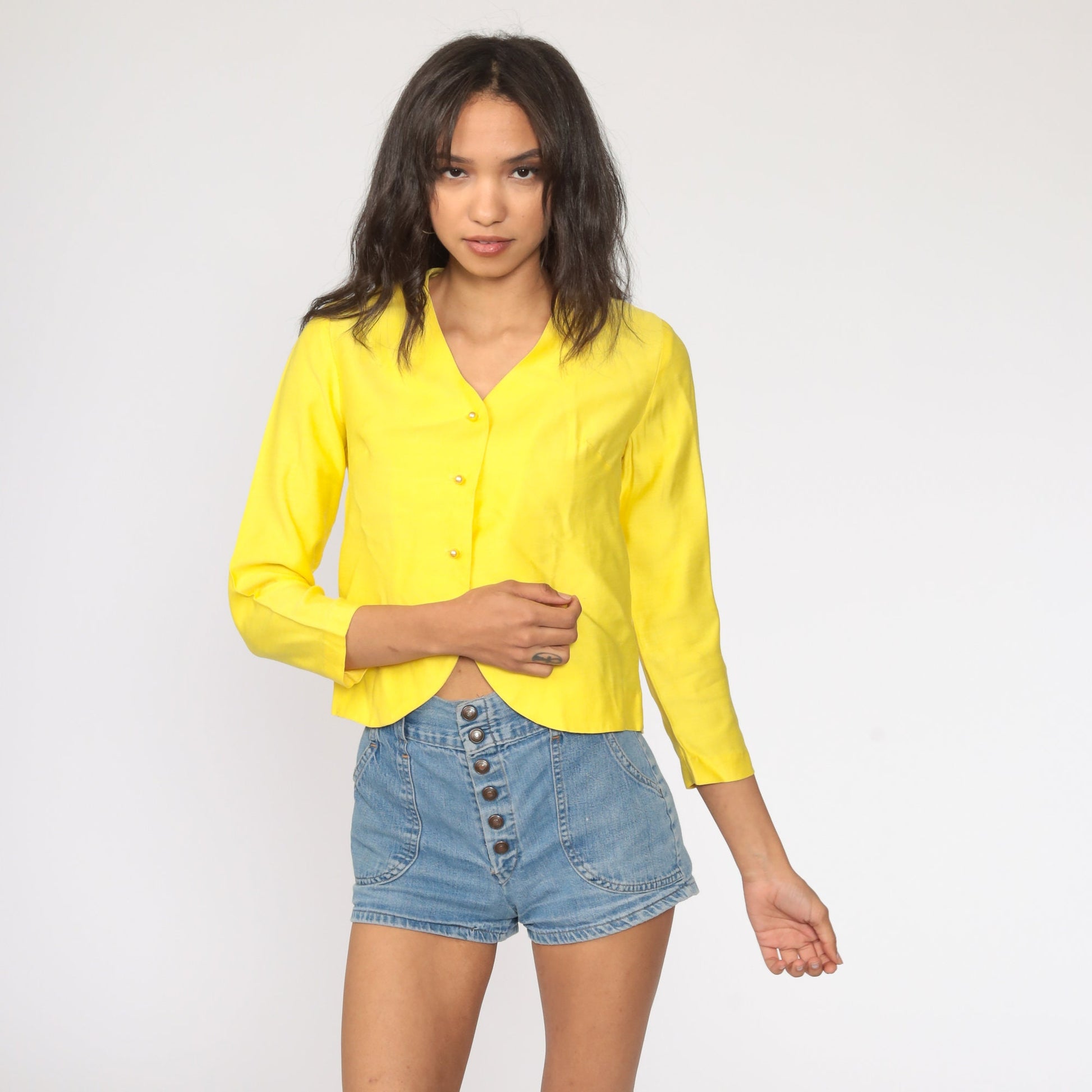60s Yellow Mod Blazer Cropped Pearl Button Jacket Small