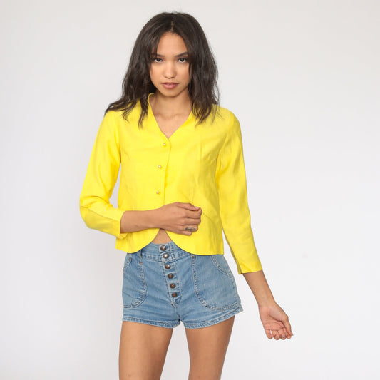 60s Yellow Mod Blazer Cropped Pearl Button Jacket Small