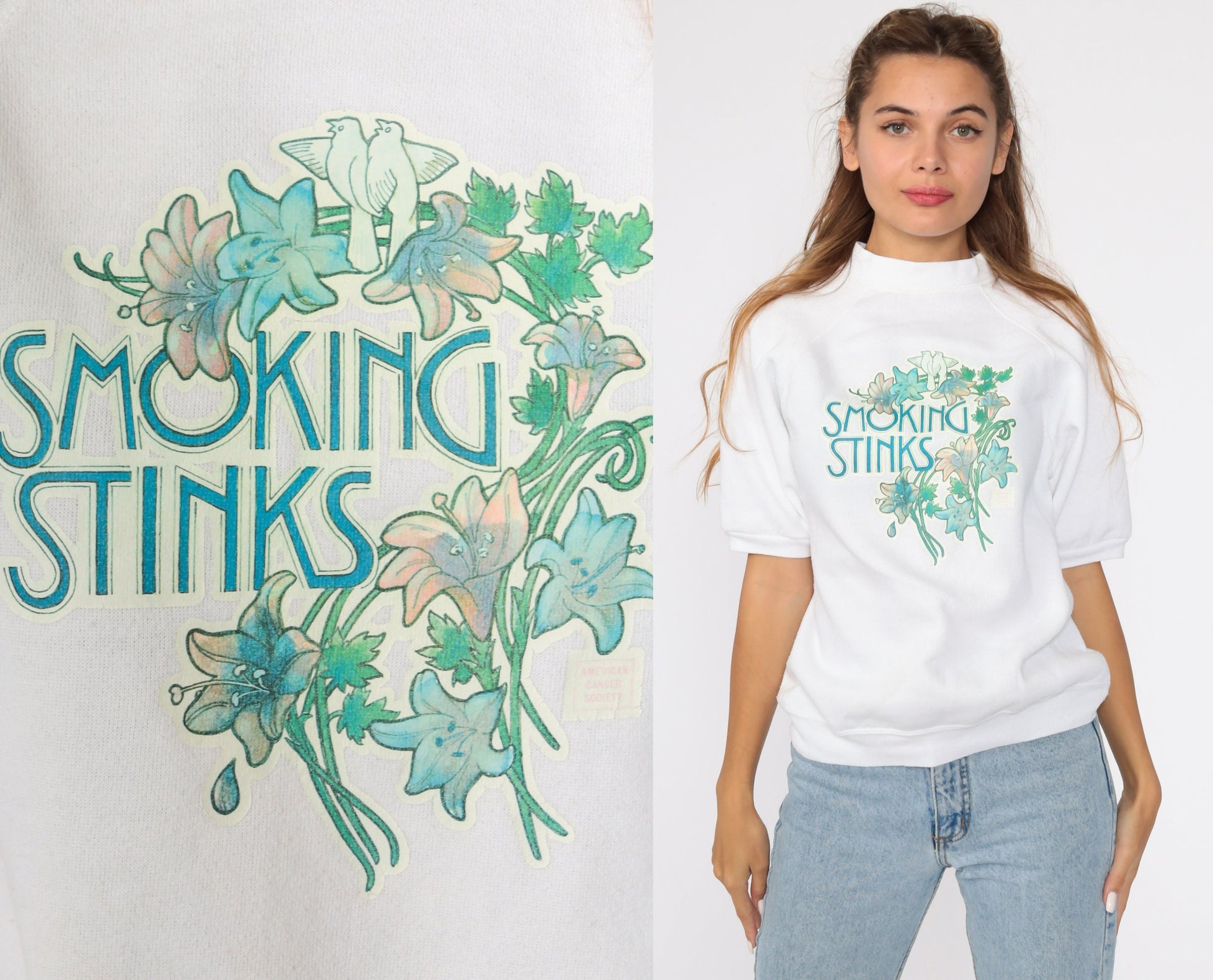 80s Smoking Stinks Graphic Sweatshirt Short Sleeve Raglan Small S
