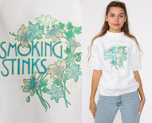 80s Smoking Stinks Graphic Sweatshirt Short Sleeve Raglan Small S