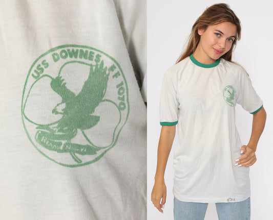 80s USS Downes FF 1070 Navy Ship Graphic T-Shirt Single Stitch Medium