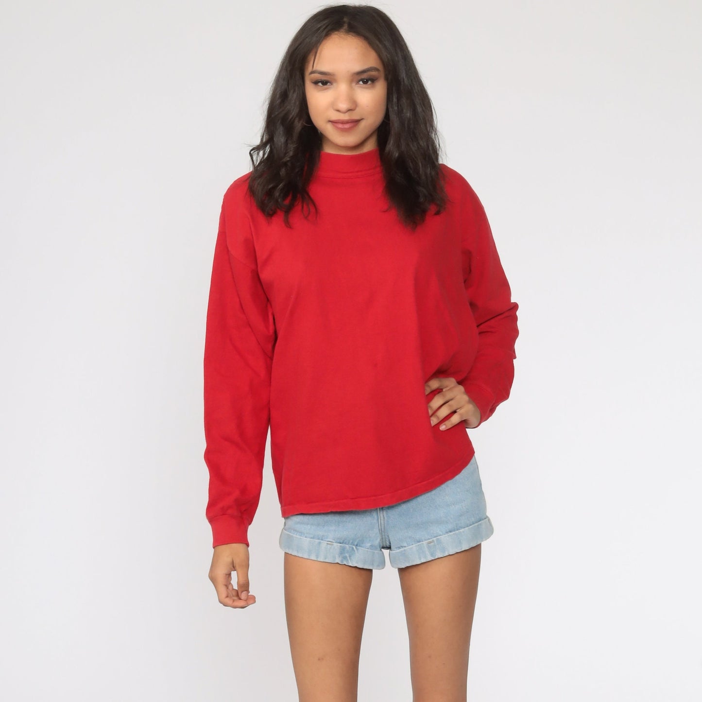 80s Plain Red Long Sleeve Cotton T-Shirt Medium