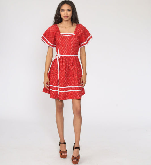 70s Red Calico Floral Mini Dress High Waist Short Sleeve Extra Small