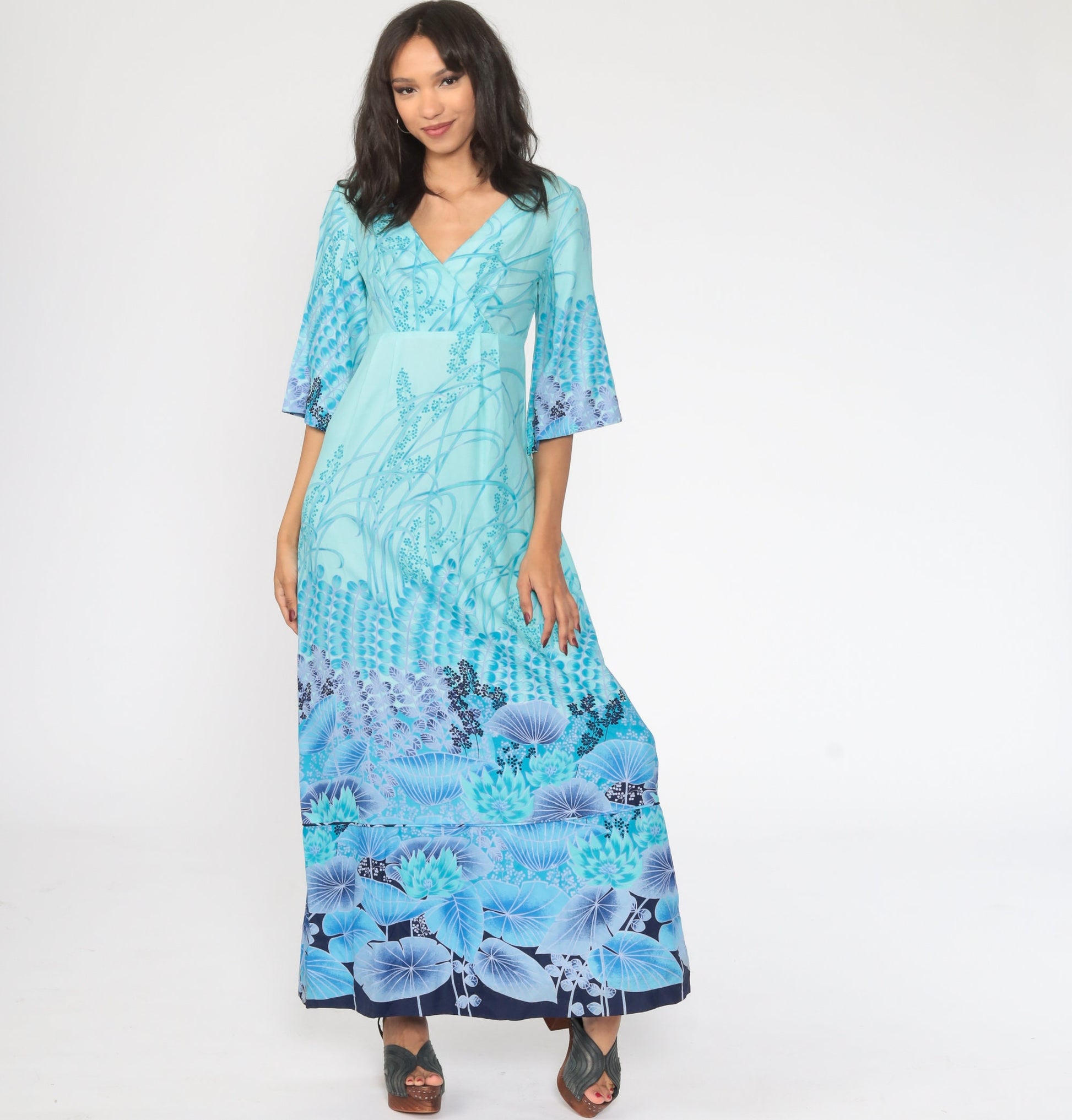70s Blue Floral Maxi Dress Angel Sleeve Empire Waist Deep V Neck Small