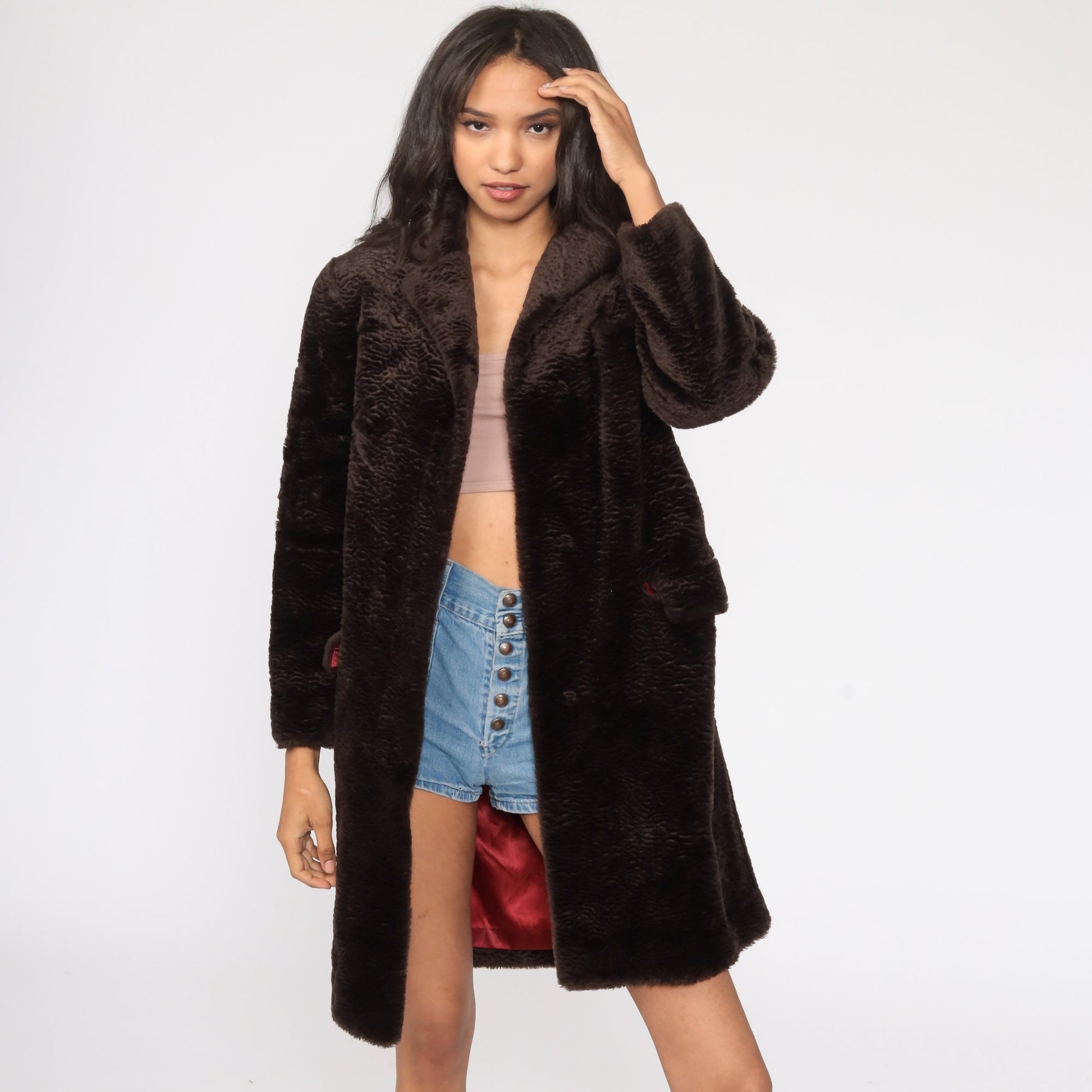 90s Brown Faux Fur Jacket Y2K Winter Coat Extra Small XS