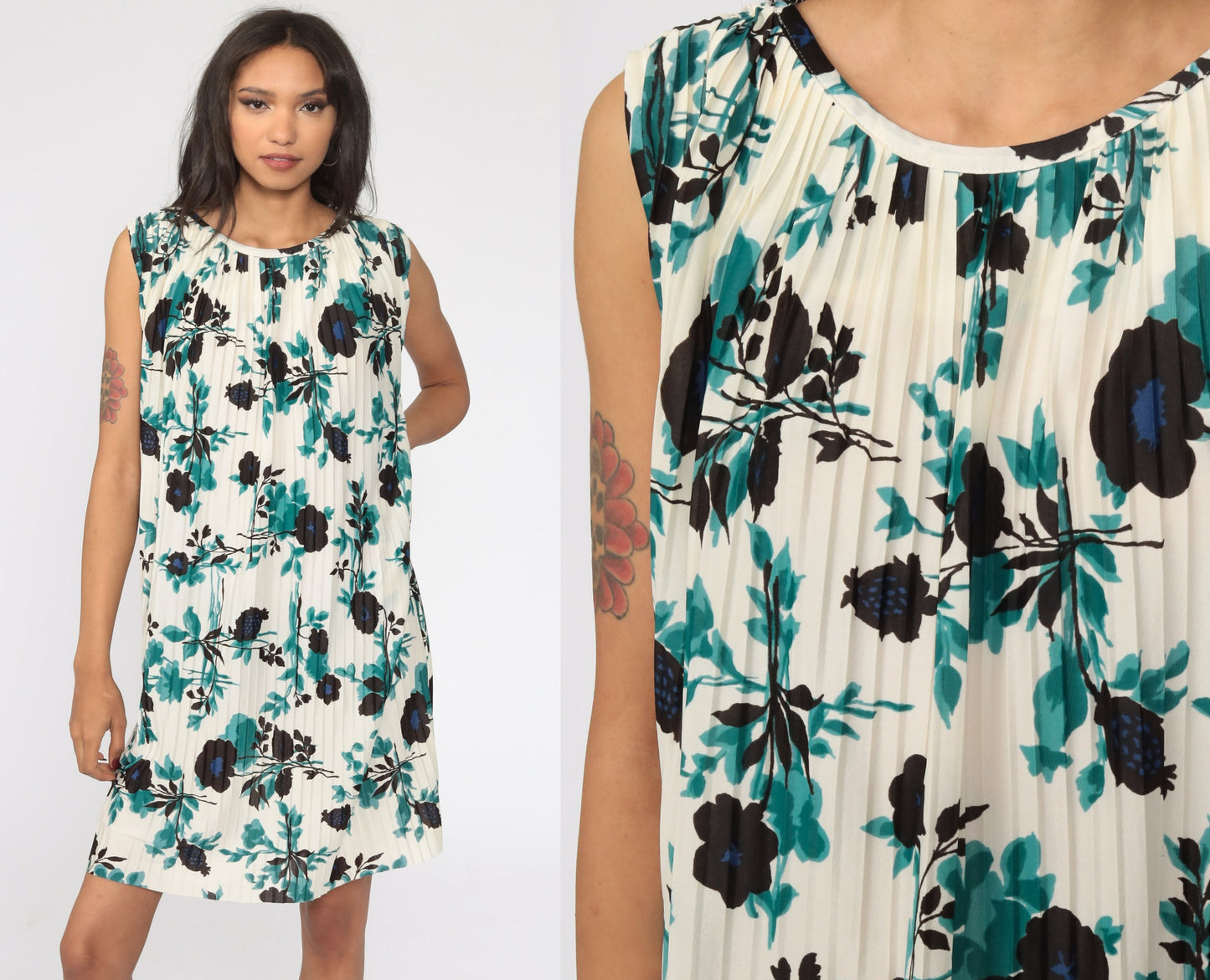 70s Floral Shift Dress Pleated Mini Sleeveless Off-White Blue Large