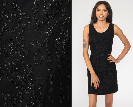 60s Black Beaded Mini Dress Sheath Sleeveless Cocktail Extra Small