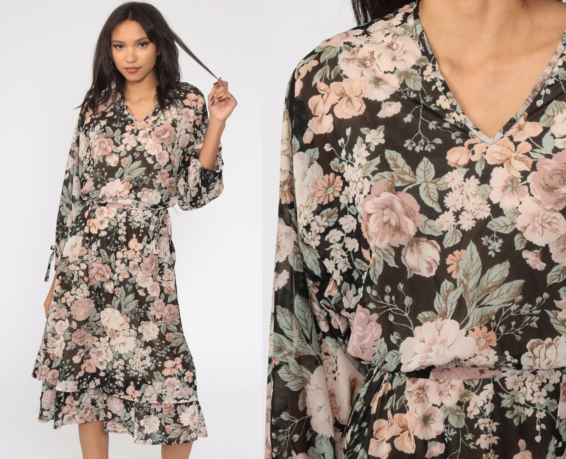 70s Black Floral Midi Dress Long Sleeve High Waist Semi-Sheer Large