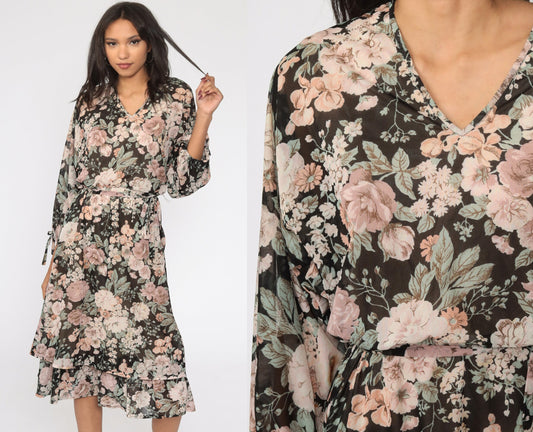 70s Black Floral Midi Dress Long Sleeve High Waist Semi-Sheer Large