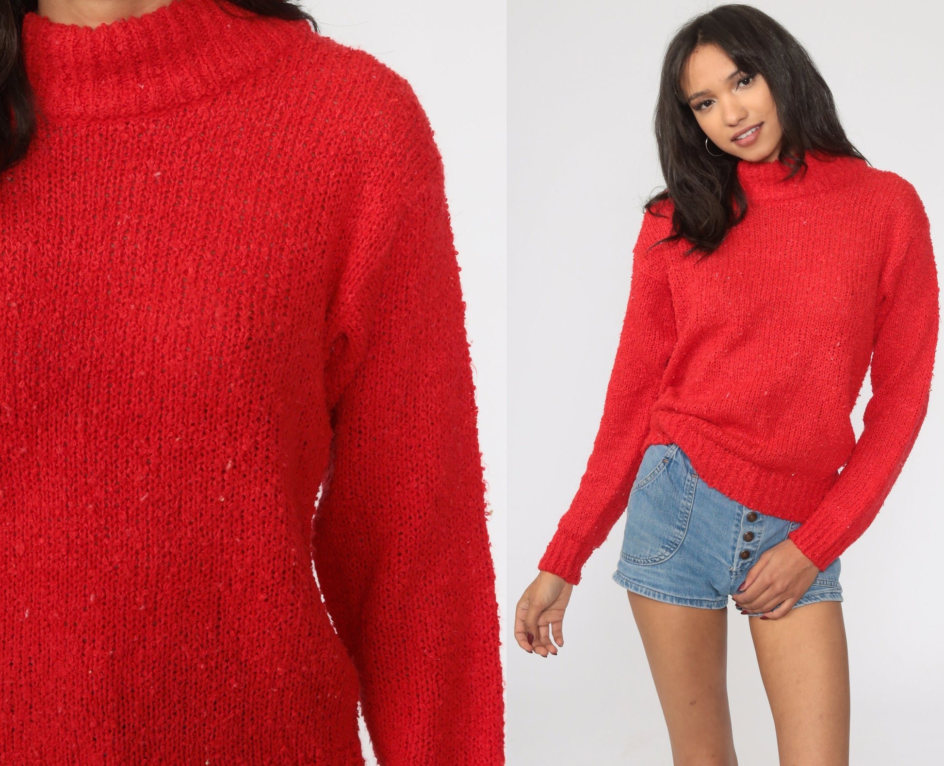 80s Red Mock Neck Knit Pullover Sweater Small Medium