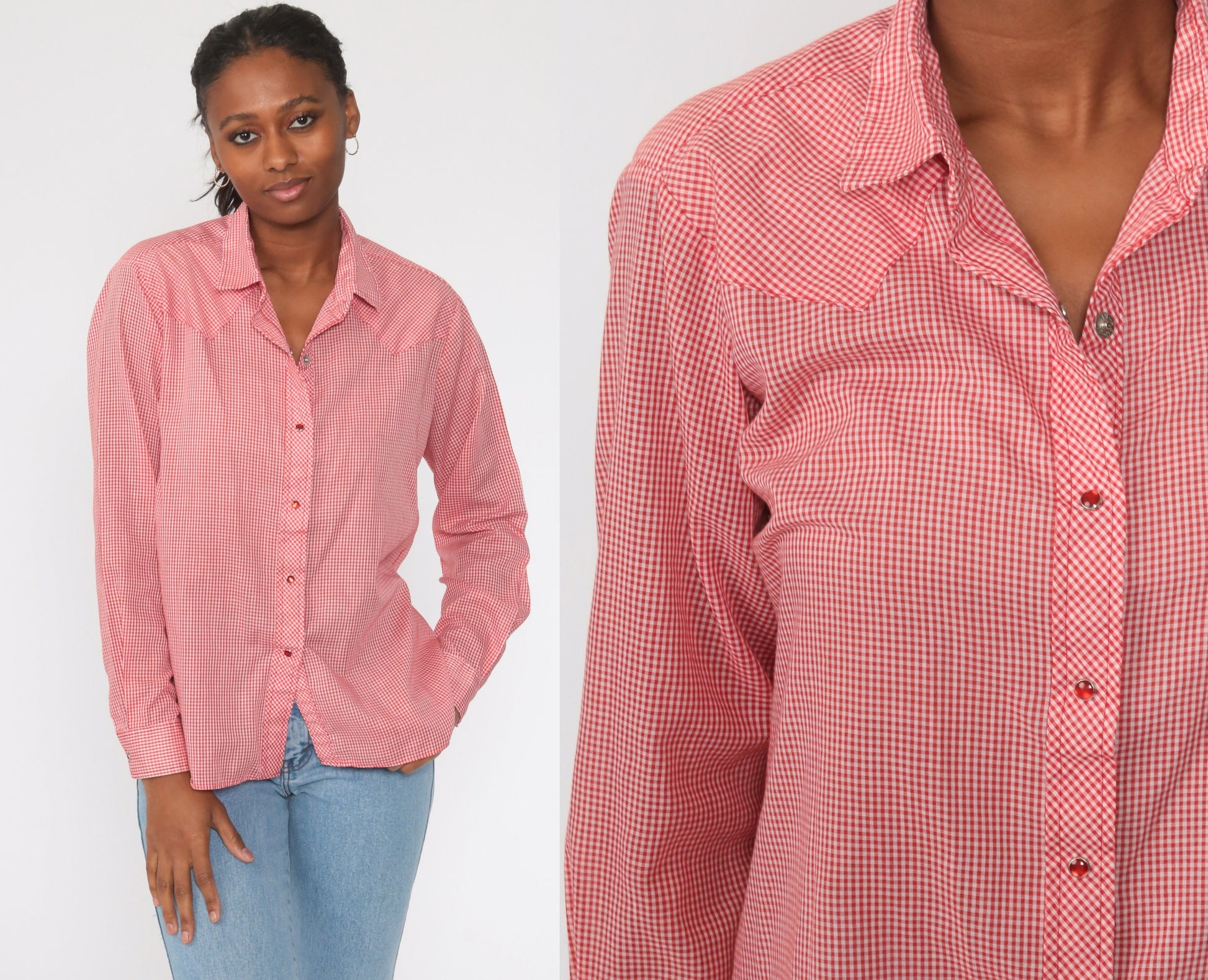 80s Red Gingham Pearl Snap Western Shirt Long Sleeve Large