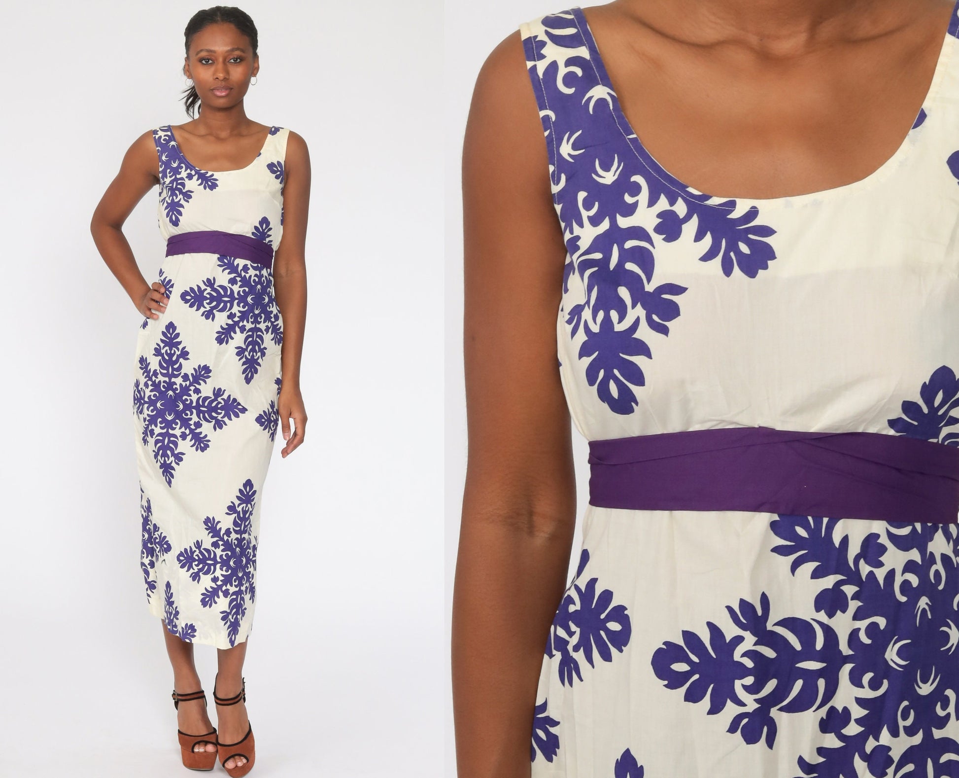 70s Floral Midi Dress Empire Waist Sleeveless White Purple Extra Small